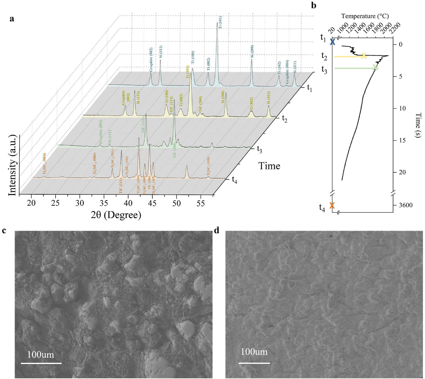 Phase evolution figure: stacked XRD patterns at four time points t1 through t4 showing Ti and Si peaks giving way to TiC and ultimately Ti3SiC2 reflections, the corresponding temperature-time trajectory peaking near 2200 degrees Celsius, and two SEM micrographs at 100 micron scale contrasting a rough porous green microstructure with a denser ceramic microstructure